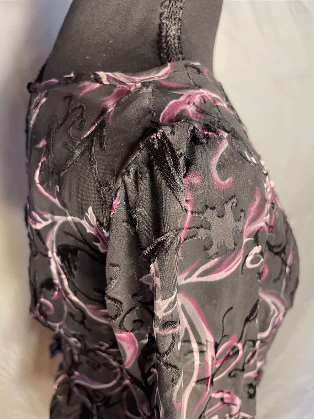 White House Black Market Black Sheer Blouse with Pink Scroll Print - Picture 5 of 12